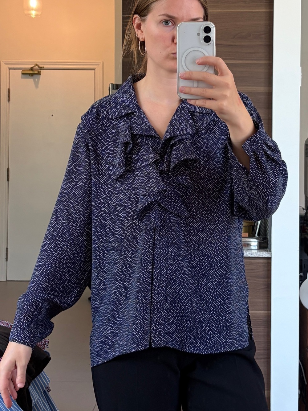 Polka Dot Navy Ruffle Blouse